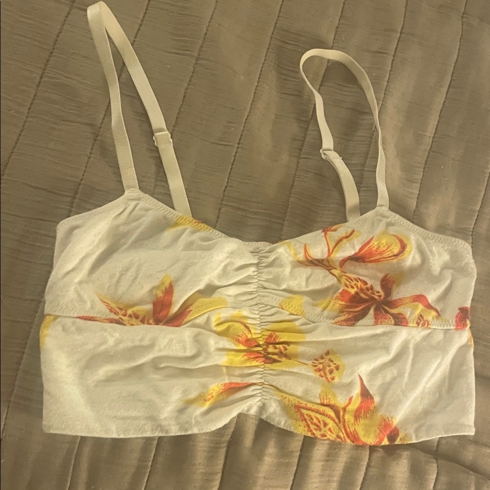 Free People White Floral Ruched Crop Top with Adjustable Straps
